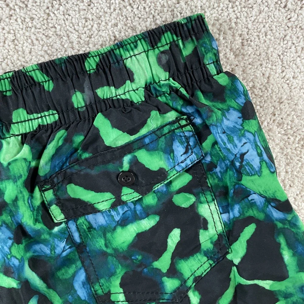 Kanu Surf Mens Hydro Swim Trunks Green Black‎ Abstract Camo Mesh Lined Large NEW